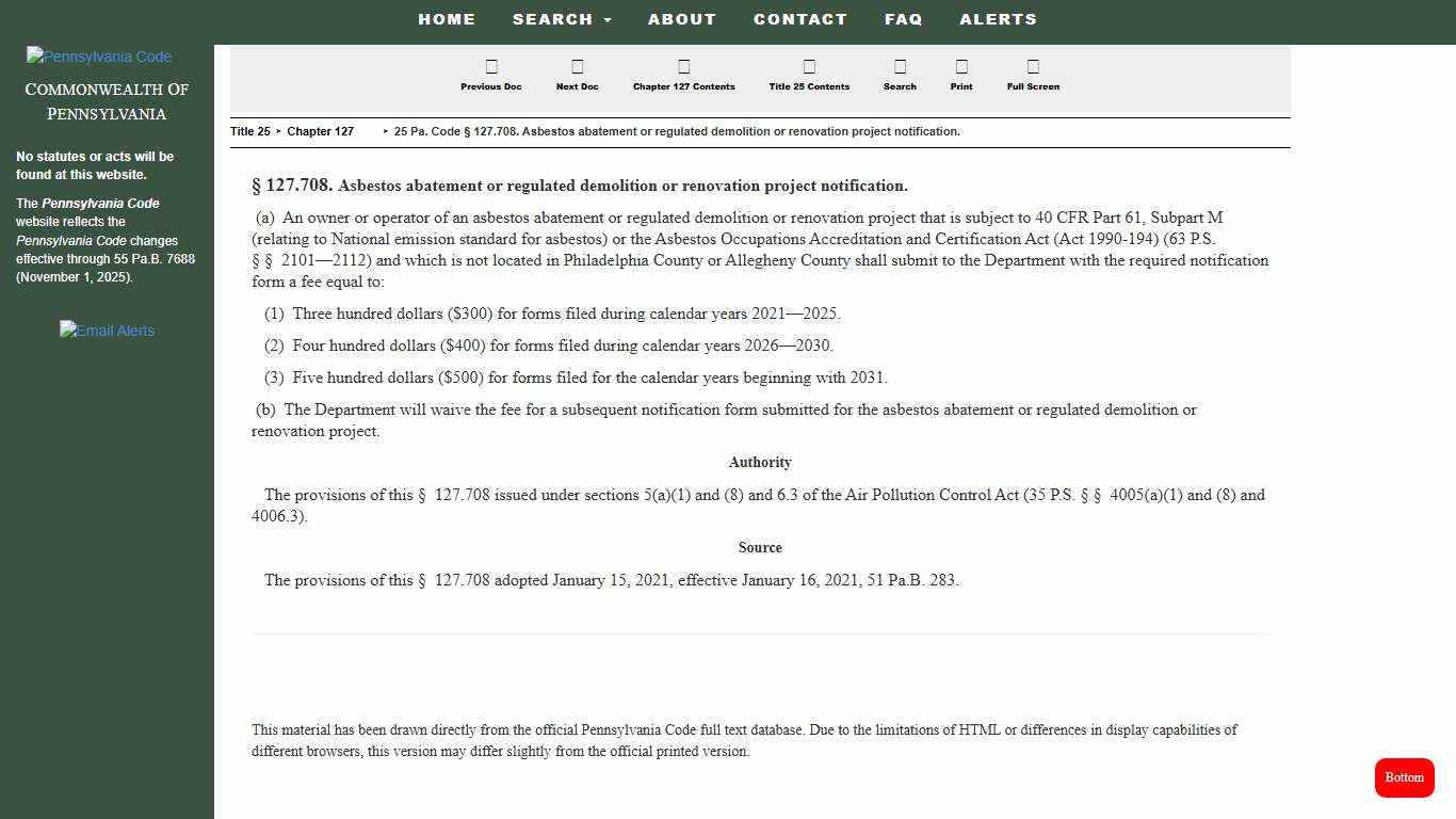 25 Pa. Code § 127.708. Asbestos abatement or regulated demolition or renovation project notification.