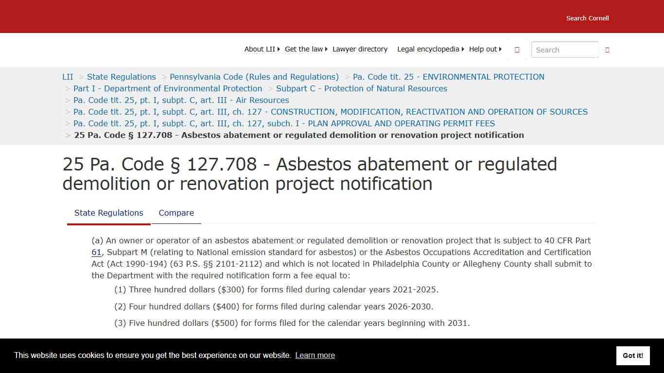 25 Pa. Code § 127.708 - Asbestos abatement or regulated demolition or renovation project notification | State Regulations | US Law | LII / Legal Information Institute